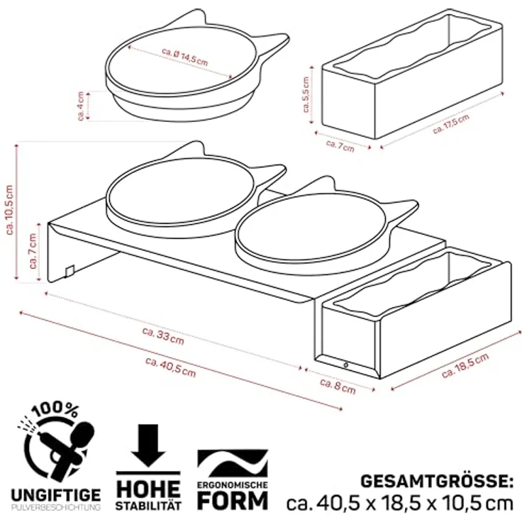 CanadianCat Company | Cat Diner Futterbar, erhöhte Schüssel, Metallkonstruktion, grau/weiß, ca. 40,5 x 18,5 x 7 cm – Bild 3