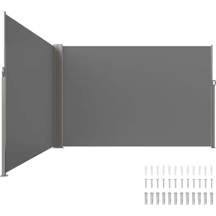VEVOR Seitenmarkise 200 x 600 cm, Seitenwandmarkise aus 180 g/m² Polyestergewebe mit PU-Beschichtung, einziehbarer Griff mit Federmechanismus, Sichtschutz für Balkone und Innenhöfe, Grau