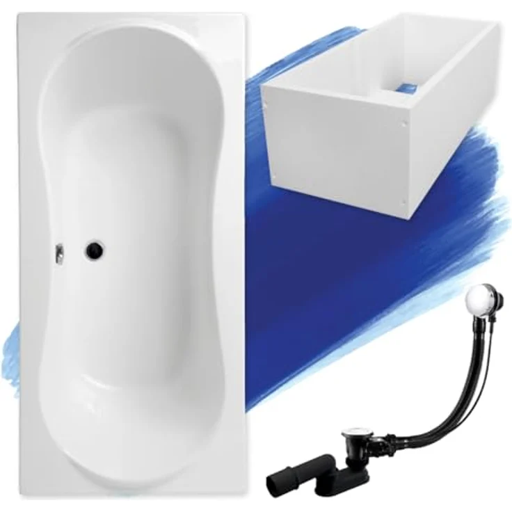Polimat BADLAND Badewanne Original Rechteck LONG 170x80 cm, Weiß, mit Premium Wannenträger und automatischer Chrom Ablaufgarnitur, Made in EU 4in1 – Bild 1