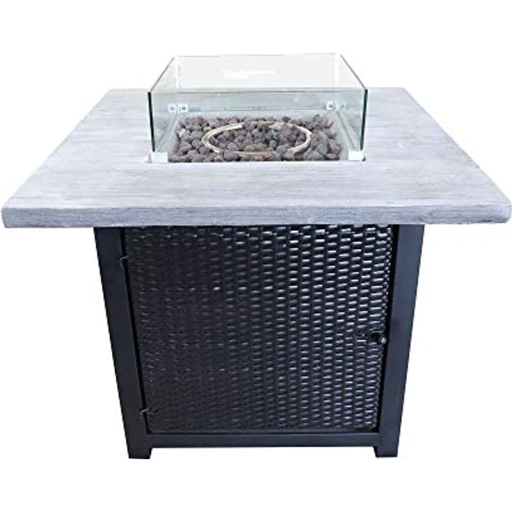 Teamson Home Draussen Garten Rattan Propangas Feuerstelle Tischbrenner, Rauchfreie Feuerstelle, Terrassenmöbelheizung mit Glasscheibe, Lavasteinen und Abdeckung – Bild 1
