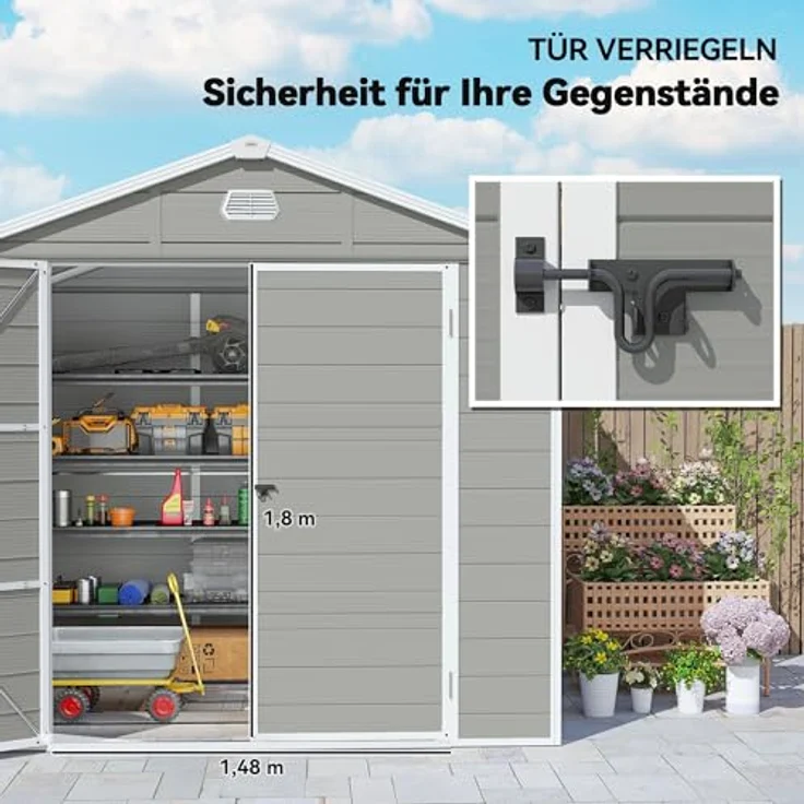 Outsunny Gerätehaus 4,1m², Geräteschuppen mit Satteldach, hellgrau, abschließbare Tür und Belüftungsöffnungen, 240 x 190 x 228 cm – Bild 6