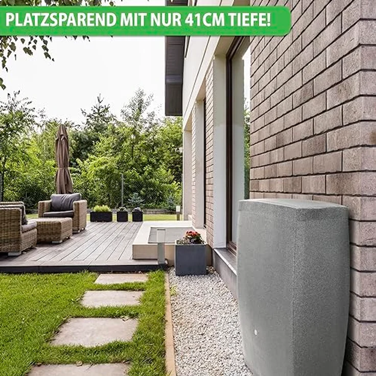 YourCasa Regentonne 275 Liter [SquareLux Rain] Eckig & Schmal - Metallgewinde und Deckel - Frostsicher - Grau – Bild 2