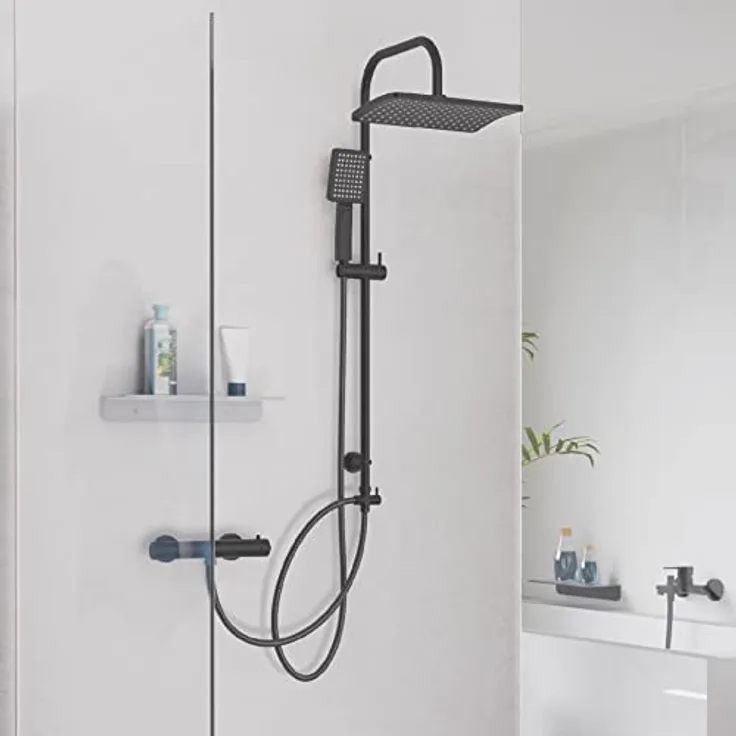 Schütte Duschset MALLORCA Duschsäule mit großer Regendusche Handbrause mit 3 Strahlarten Duschsystem ohne Armatur Schwarz Matt