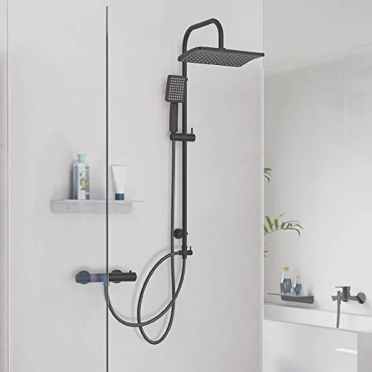 Schütte Duschset MALLORCA Duschsäule mit großer Regendusche Handbrause mit 3 Strahlarten Duschsystem ohne Armatur Schwarz Matt – Bild 1