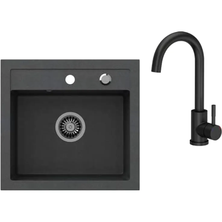 VBChome Spülbecken mit Armatur 50 x 47 cm Schwarz Granit Einzelbecken Küche Einbauspüle Verbundspüle Küchenspüle gesprenkelt Siphon Armatur
