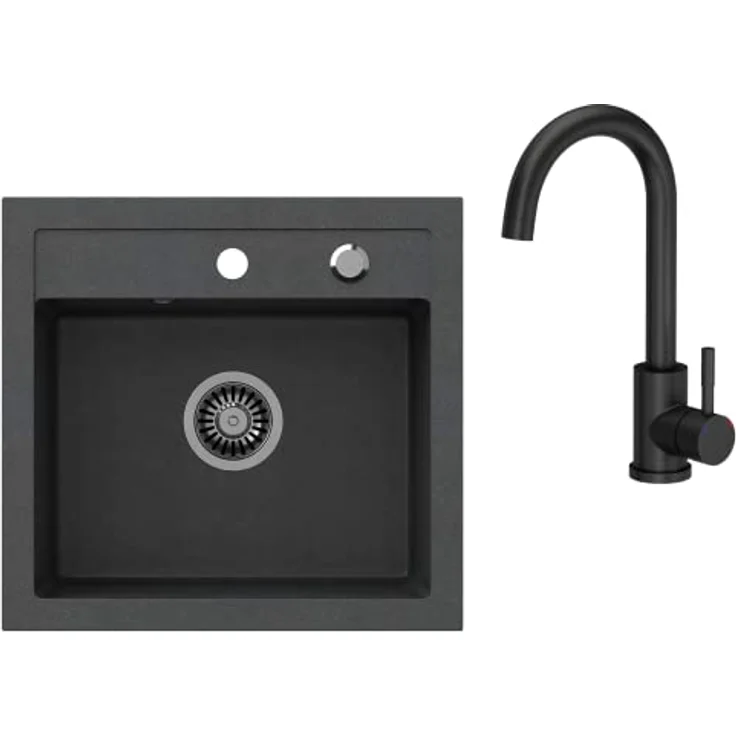 VBChome Spülbecken mit Armatur 50 x 47 cm Schwarz Granit Einzelbecken Küche Einbauspüle Verbundspüle Küchenspüle gesprenkelt Siphon Armatur – Bild 1