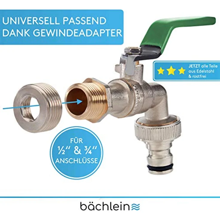 Bächlein Universal Wasserhahn für den Garten [grün] inkl. 2 Schlauchanschlüssen - edler Kugelhahn mit 1/2 und 3/4 Zoll Anschluss, Auslaufhahn aussen – Bild 2