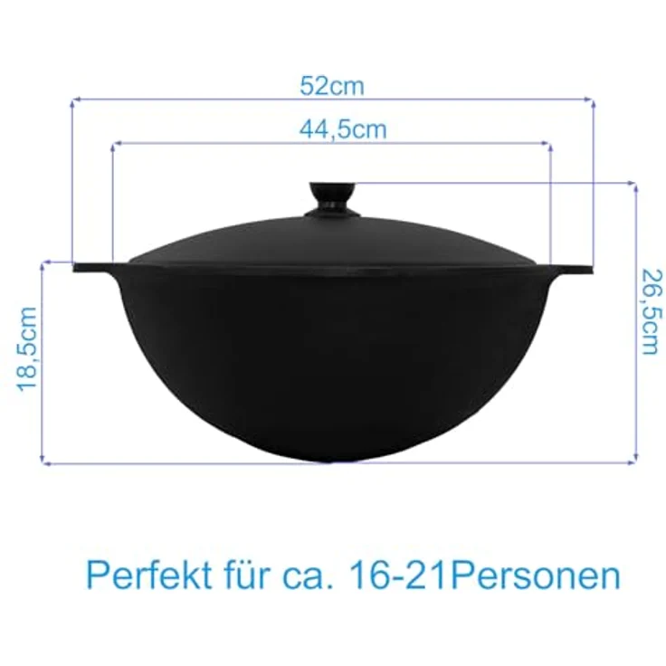 4BIG.fun Wok Gusseisen 16 L (runder Boden) Kazan mit Schaumkelle NAMANGAN Uzbek Kasan Uzbekisch Asia WOK Cast Iron KESSEL Camping Usbek Schwenktopf Topf mit Aluminium Deckel Grillwok Gusstopf Wokpfanne, Gusseisen, langlebig, vielseitig, Aluminiumdeckel, inklusive Schaumkelle – Bild 3