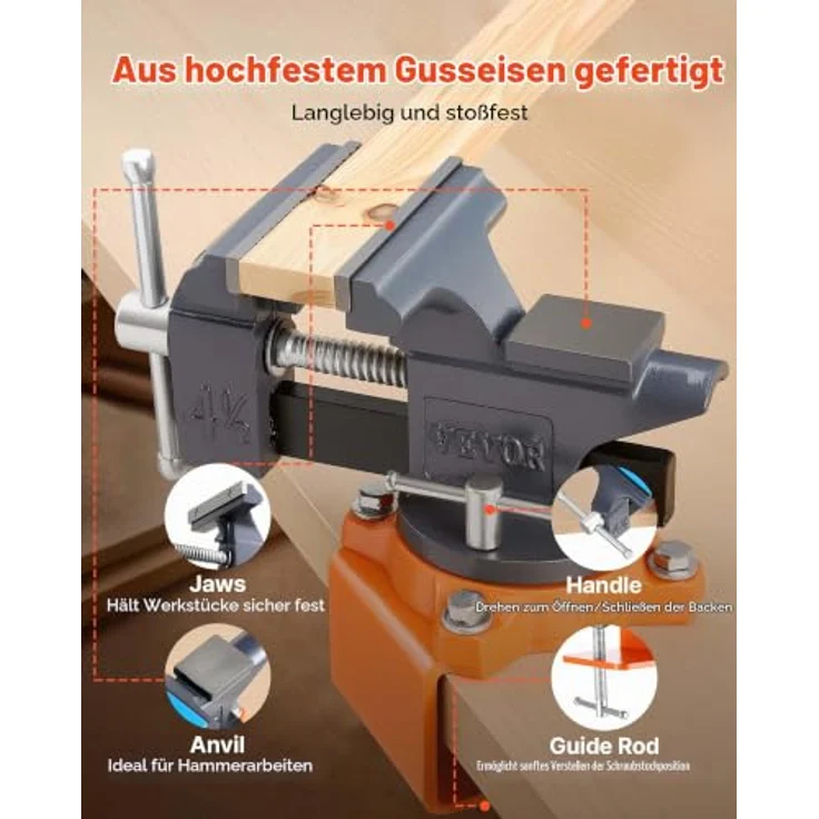 VEVOR Schraubstock 114,3mm, Tischschraubstock mit 270°-Schwenkbasis, Gusseisenkonstruktion für Holzbearbeitungs-, Metallbohr- und Schneidearbeiten – Bild 5