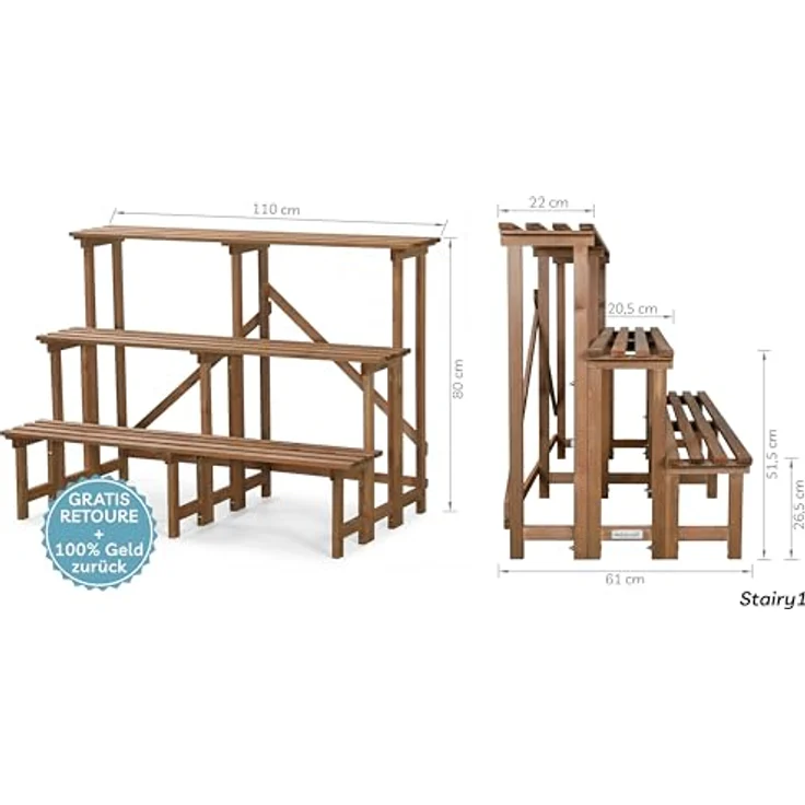 needs&wants® Große Pflanzentreppe Blumentreppe, 3-stufiger Pflanzenständer aus wetterfestem Holz, braun, für Indoor und Outdoor, 110 cm breit, 80 cm hoch – Bild 4