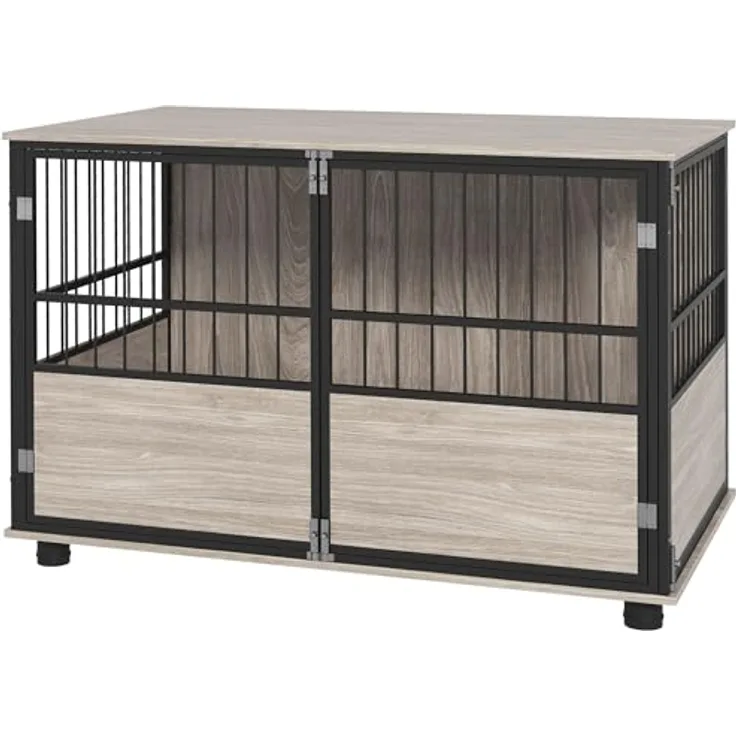 PawHut Hundekäfig für Zuhause, Hundehütte, rutschfest Haustierkäfig, Hundebox mit Türen, Hundehaus für große Hunde, Walnuss, 100 x 60 x 68 cm