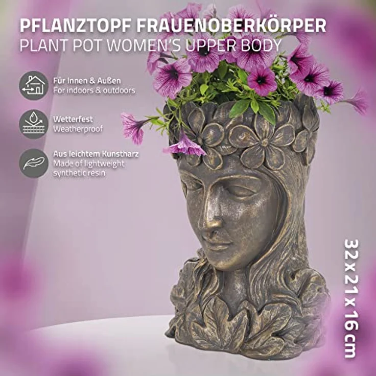 ML-Design Pflanztopf Frauenkopf Figur 21x16x32 cm Bronze Kunstharz, Innen/Außen, Groß Büste Skulptur, Weiblich Mädchen Statue Dame Gesicht Pflanzgefäß Blumentopf Übertopf Pflanzer Gartendeko Vase Urne – Bild 2