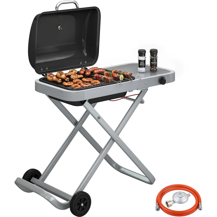 MH Handel GmbH Tragbarer Gasgrill 1-Brenner 2,5kW mit Faltbarem Rollwagen, Grillrost, Seitentisch und Thermometer