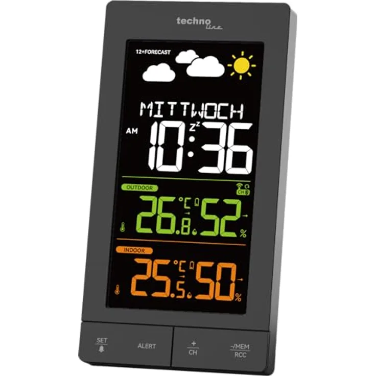 TECHNOLINE WS 6458 Wetterstation, Funkwetterstation mit farbigem LED-Display, Innen- und Außentemperatur, Luftfeuchtigkeit, Wettervorhersage und DCF-77 Funkuhr