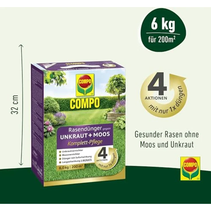 Compo Rasendünger gegen Unkraut + Moos Komplett-Pflege - Optimaler Langzeitschutz - 6 kg für 200 m² – Bild 3