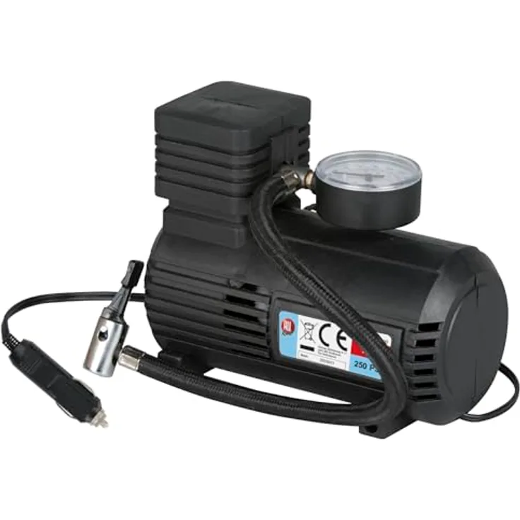 All Ride Tragbarer Kompressor, Luftkompressor 15Bar mit Zigarettenanzünder-Anschluss, inkl. 45 cm Luftschlauch, Leistung 144W, schwarz