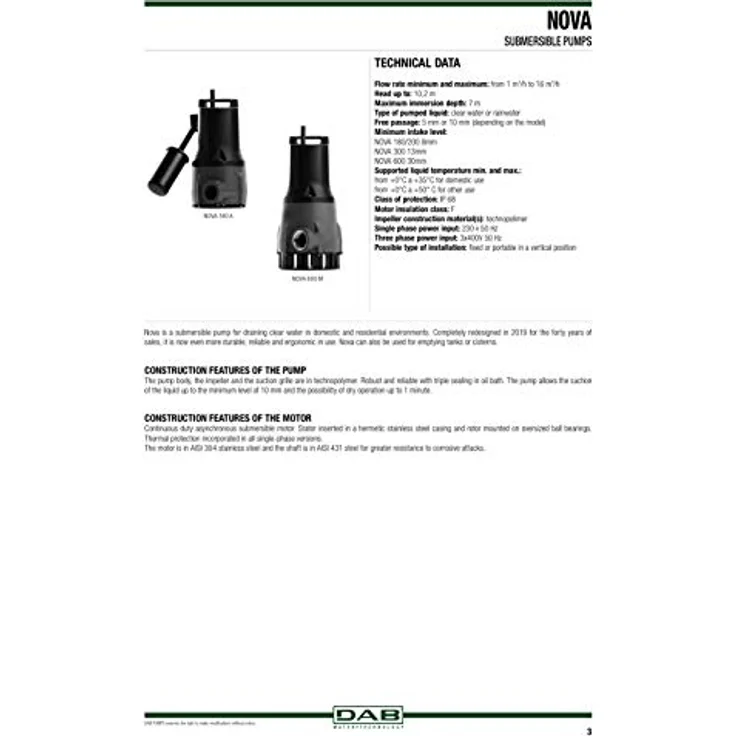 DAB NOVA 600 M-A Tauchpumpe, robust für Entwässerung, max. Förderhöhe 10,2 m, IP 68, Edelstahl-Gehäuse – Bild 4
