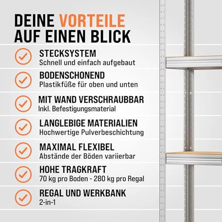 Monzana Schwerlastregal Kellerregal Steckregal Werkstattregal Lagerregal Regal 4 Böden - 170x75x30cm - Max. Belastbarkeit 280 kg – Bild 6