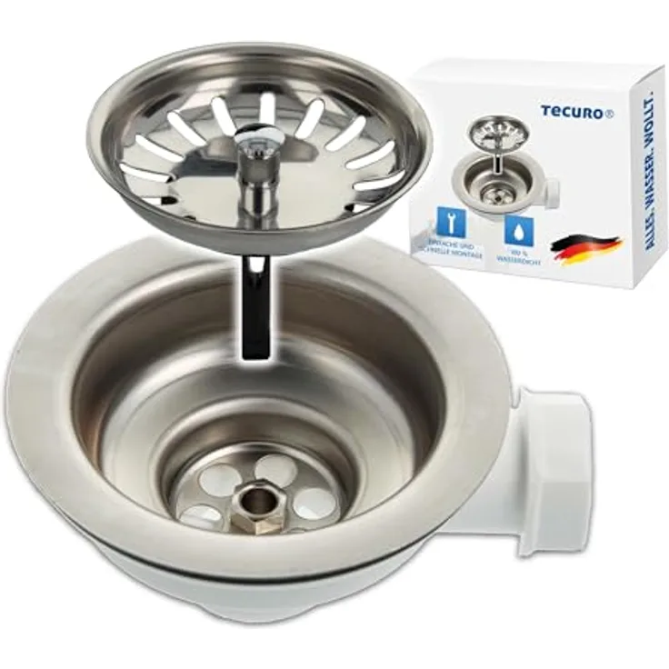 tecuro Spülen-Siebkorbventil Ø 114 mm (3 1/2 Zoll), Edelstahl mit seitlichem Abgang 1 Zoll (Ø 25 mm) und herausnehmbarem Siebkorb