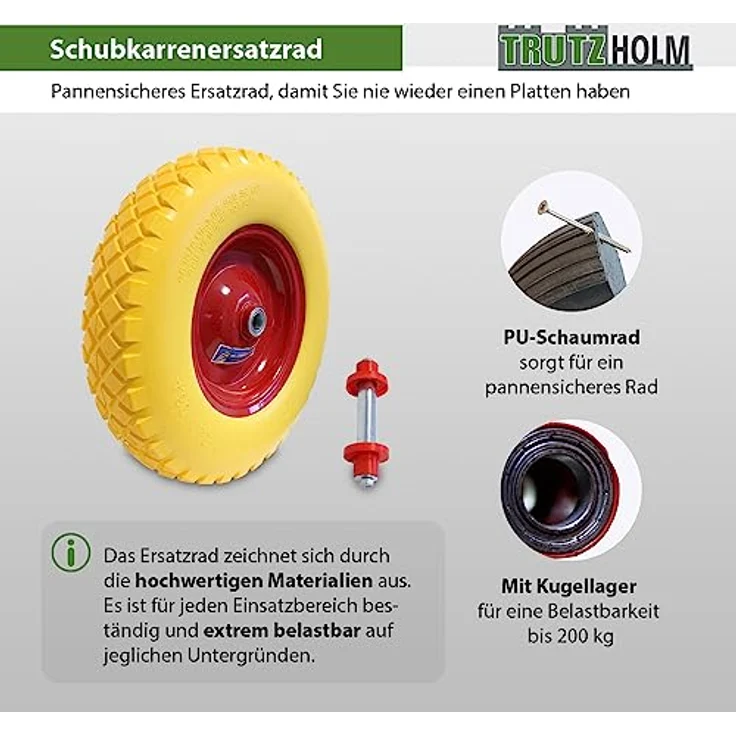 Schubkarrenrad pannensicher 4.80/4.00-8 Achse Ersatzrad Reifen Vollgummi Schiebkarre PU – Bild 3