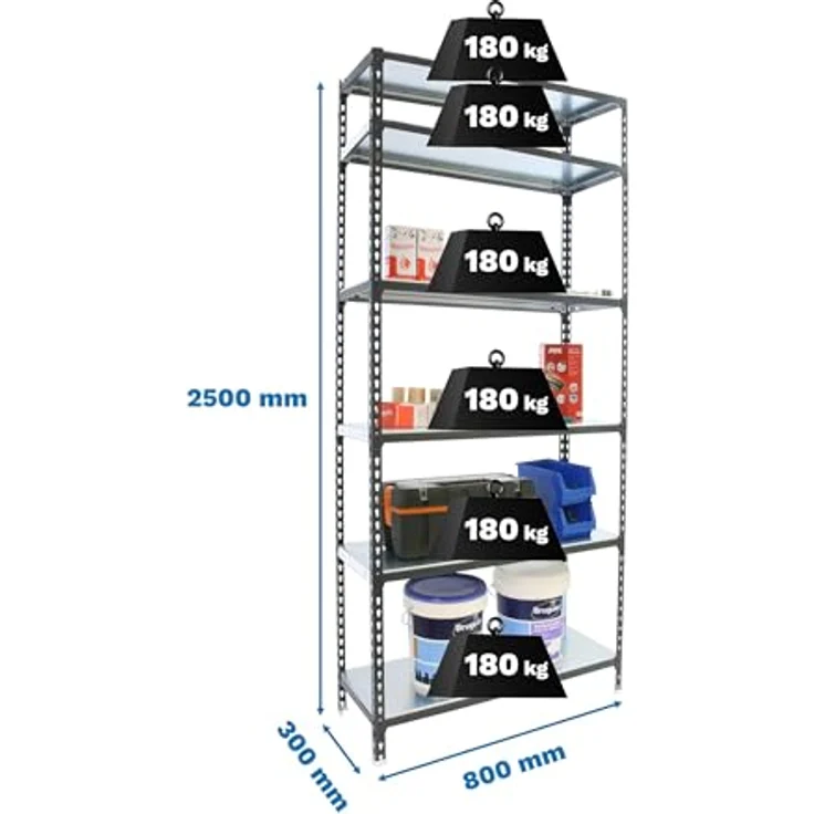 Simonrack Simonclick Metallregal Mini, 250 x 80 x 30 cm, 6 Böden, Traglast 180 kg pro Boden, anthrazit/weiß, steckbar – Bild 2
