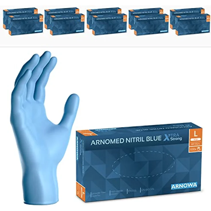 ARNOMED Nitrilhandschuhe Blau Extra Stark, Einweghandschuhe L, 1000 Stück, 50% dicker, latexfrei und puderfrei, texturierte Fingerspitzen für sicheren Grip – Bild 1