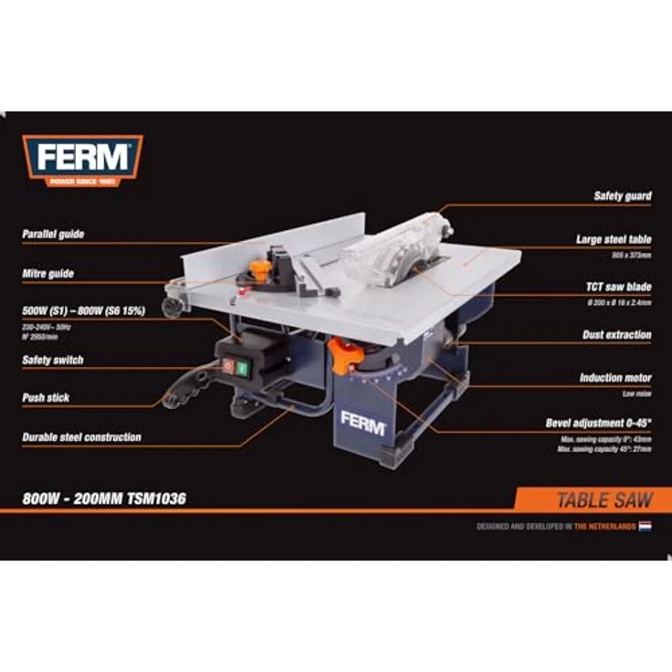 FERM Tischkreissäge 800 W, Inkl.  200mm 24-Z-Sägeblatt, Gehrungsführung, Parallelführung, Schubstange und Staubsaugeranschluss – Bild 6