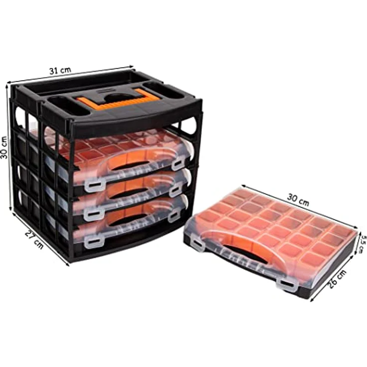BigDean Werkzeugkoffer Sortierkasten mit 4 herausnehmbaren Schubladen Sortimentskasten - Flexibles Ordnungssystem, Kunststoff, schwarz, orange, transparent – Bild 6