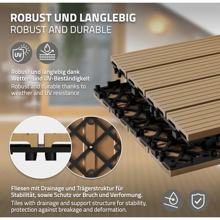 ECD Germany WPC Terrassenfliesen 60x30 cm 24er Spar Set für 4m² Teak in Holzoptik für Garten Balkon Bodenbelag mit Drainage und Klicksystem Terrassendielen Balkonfliesen Klickfliesen Holzfliesen – Bild 4