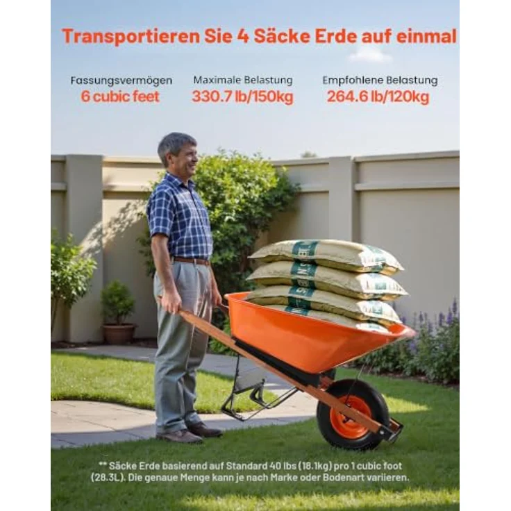 VEVOR Schubkarre, einrädrige Bauschubkarre mit 150 kg Fassungsvermögen, Metallgriff und 16 Zoll Vollschaumrädern, ideal für Garten und Farm – Bild 5