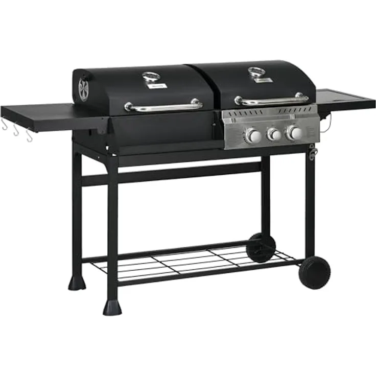 Outsunny Grillwagen Gasgrill mit 2+1 Brenner, Thermometer, 3kW BBQ Holzkohlgrill mit Regal, Seitenablage, Haken, Campinggrill mit Schlauch für Garten, Balkon, Schwarz - Preisvergleich