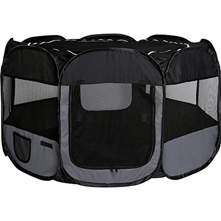 lionto Welpenauslauf faltbar aus Oxfordgewebe & atmungsaktivem Netzstoff, Ø 110 cm, Höhe 64 cm, mit 2 Eingängen und Pop-up-System, schwarz/grau, inkl. Tragetasche & Heringe