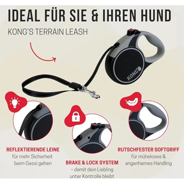 KONG Terrain Hundeleine, einziehbar mit Softgrip-Griff und intuitivem Bremssystem, Schwarz – Bild 2