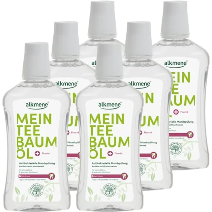 Alkmene Mein Teebaumöl antibakterielle Mundspülung 6x 500 ml mit 6fach Schutz - naturreines Teebaumöl, vegan & klimaneutral - Mundwasser für starke Zähne & gesundes Zahnfleisch - Zahnspülung