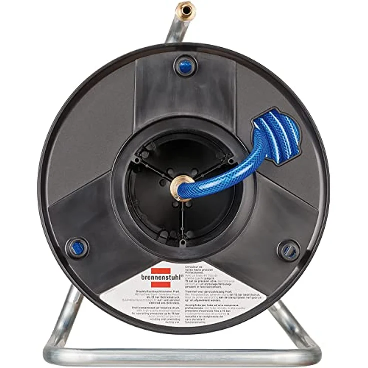 Brennenstuhl Schlauchtrommel 20 Meter, Druckluftschlauch 6/12 mm, robust mit Wandhalterungen, Schwarz/Blau, Made in Austria – Bild 2