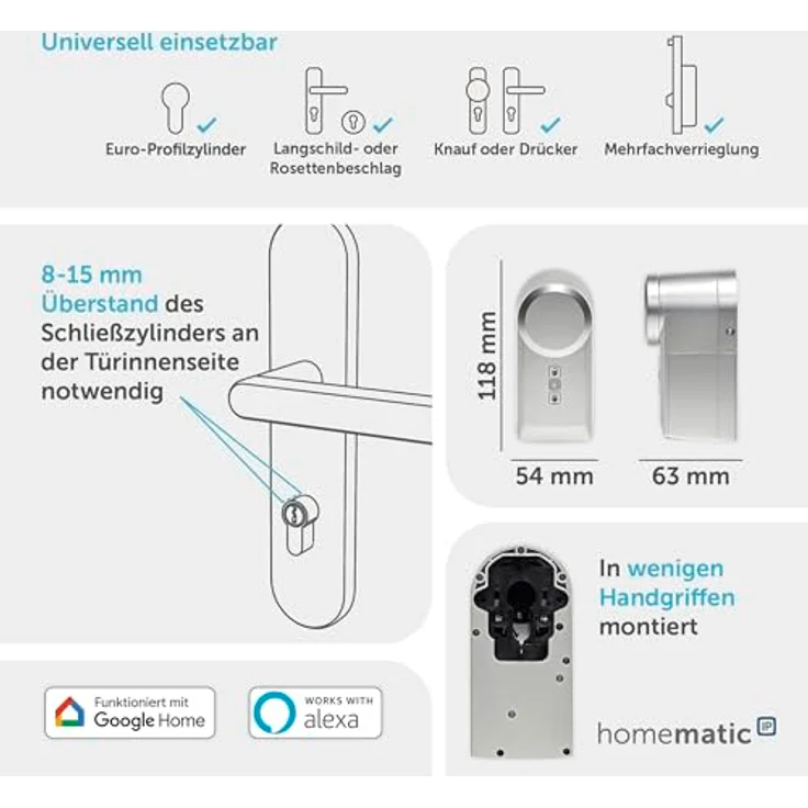 Homematic IP Smart Home Türschlossantrieb, silber, elektronisches nachrüstbares Türschloss mit App-Steuerung, Alexa & Google Assistant, 160556A0 – Bild 3