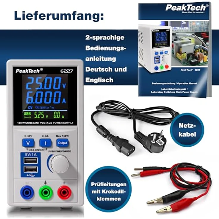 PeakTech P 6227 DC Labor Netzteil 0-60 V - 0-6 A mit farbiger LCD Anzeige, Labor Netzgerät inkl. 2x USB Port, Einstellbare Ausgangsspannung, Betriebsspannung 115-240 V AC- 50-60Hz - EN 61010-1 – Bild 8