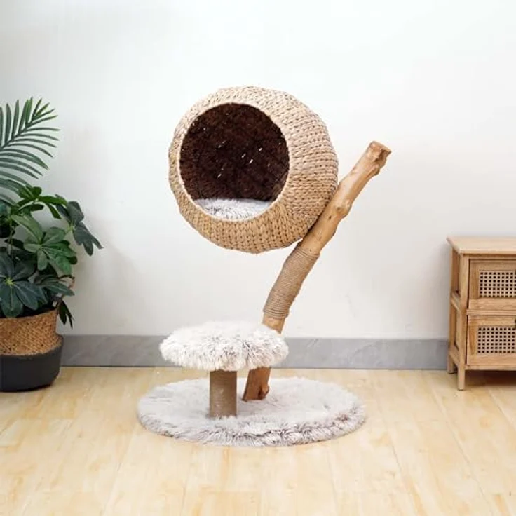 Fudajo Kratzbaum Zweigdesign mit Katzenkorb 83 cm hoch, Designer Katzenkratzbaum mit Liegekorb in Flecht-Optik, Katzenbaum aus Holz mit Plüsch, Naturfarben – Bild 2