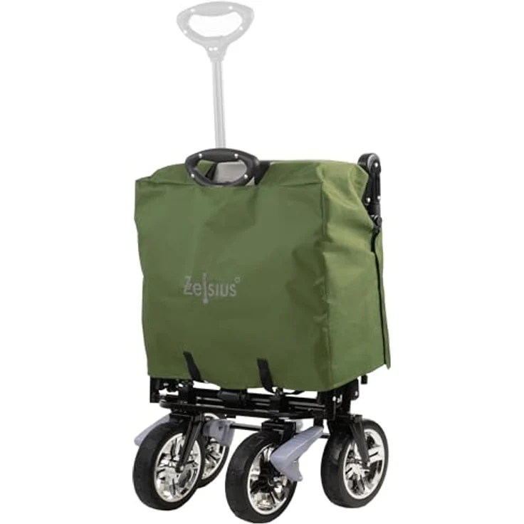 Zelsius Bollerwagen faltbar mit Dach, Grün/Grau, Transportwagen mit Gurtsystem und abnehmbarem Sonnendach, 87,5 Liter Fassungsvermögen – Bild 4