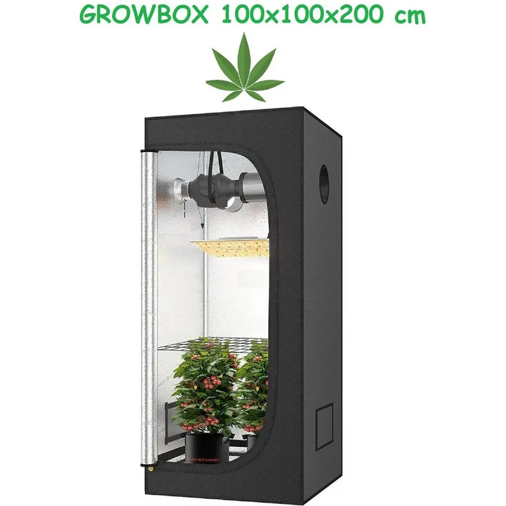 JUNG Gewächshaus Growbox Indoor 100x100x200cm mit reflektierenden Mylar-Wänden, robuste Metallstangen und Eckverbindungen, transparentes Sichtfenster - Weed Set B, Gras, Cannabis Set