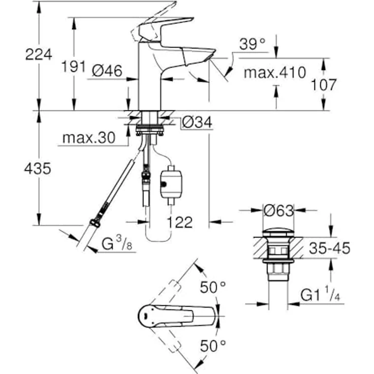 Grohe QuickFix Start Waschtischarmatur, ein Loch, herausziehbarer Auslauf, Metallhebel, Chromoberfläche, EcoJoy 5,7 l/min – Bild 2