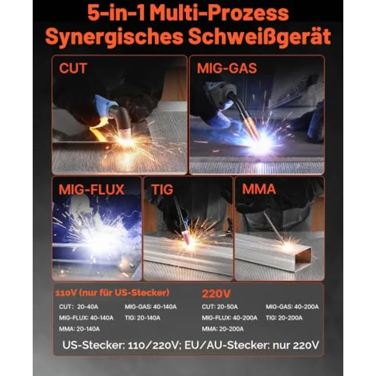 VEVOR 5-in-1 Schweißgerät, Plasmaschneider und Synergic Schweißgerät mit 50 A Plasma- und 200 A Schweißleistung, multikompatibel, 220 V, LCD-Display, unterstützt Spool Gun – Bild 2