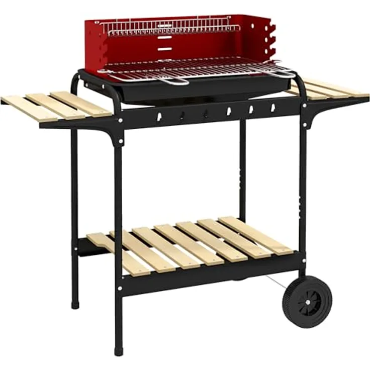Outsunny Holzkohlegrill BBQ Smoker mit Räder, höhenverstellbar, Holzablage, fahrbar, 103x47x95 cm