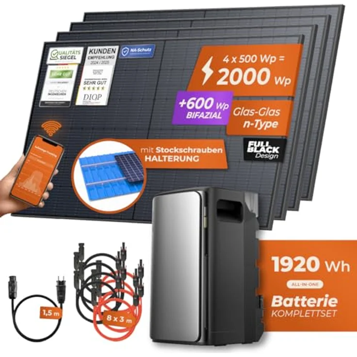 Solarway® Balkonkraftwerk 2000Wp / 800W mit 1,9kWh EcoFlow STREAM Ultra Speicher, 4 x 500W Solarmodule, Komplettset zur Steckdoseninstallation – Bild 3
