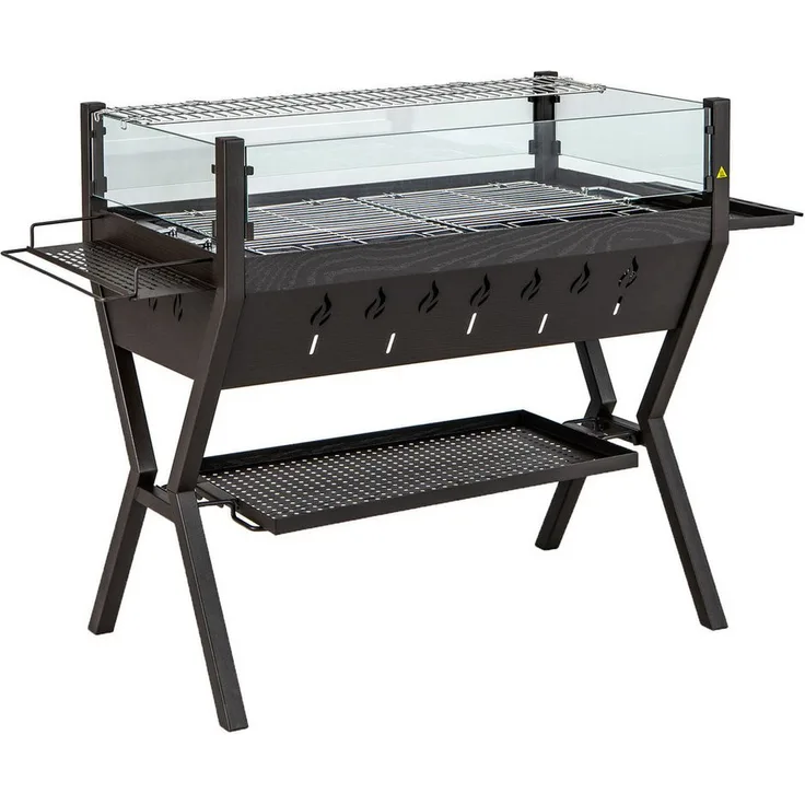 COSTWAY Holzkohlegrill, BBQ-Grill aus Edelstahl, Campinggrill mit Würzregalen, braun