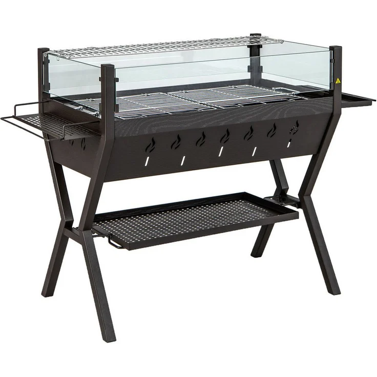 COSTWAY Holzkohlegrill, BBQ-Grill aus Edelstahl, Campinggrill mit Würzregalen, braun