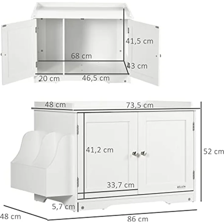 PawHut Katzentoilette mit MagnettГјren, verstellbarem Trennwand, MDF, 86B x 48L x 52H cm, WeiГџ – Bild 5