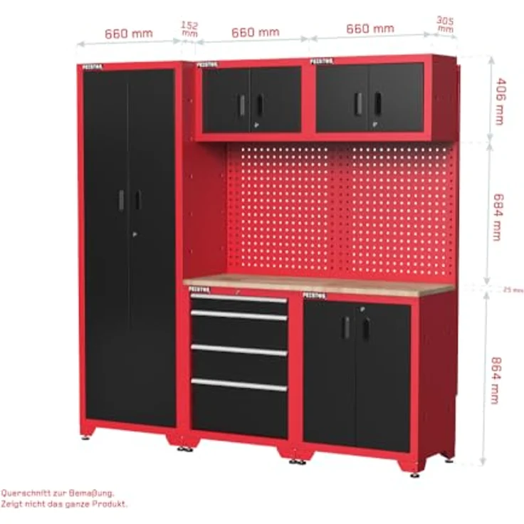 FEISTOS Werkbank Juno 12, modulare Werkstatteinrichtung mit Lochwand, Schwarz/Rot, 462x46x198 cm, inkl. abschließbare Schränke und höhenverstellbare Füße – Bild 5