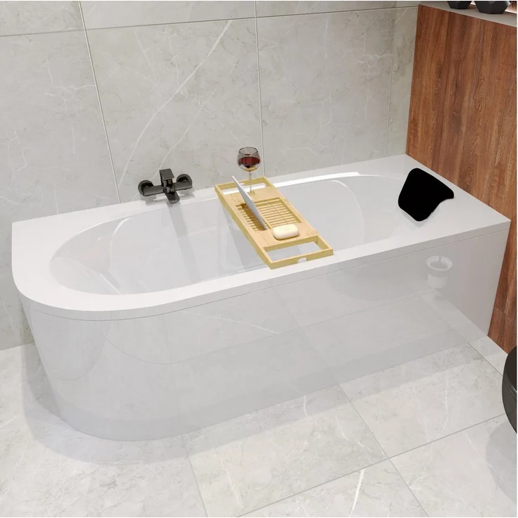 KOLMAN Badewanne Eckwanne AVITA 150x75 Rechts, inklusive Bambus Ablage, Badewannenkissen und Ablaufgarnitur, antibakterielle Acryl-Oberfläche
