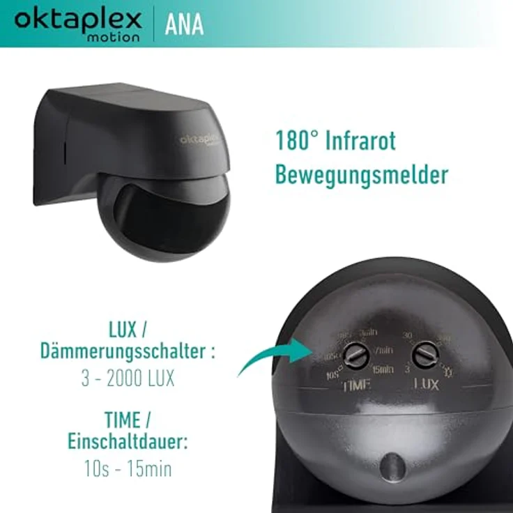 Oktaplex motion Oktaplex 2er Set Ana Bewegungsmelder Aussen schwenkbar 230 V IP44 180° Bewegungssensor 10 m Reichweite Aufputz anthrazit Infrarotsensor schwarz – Bild 3